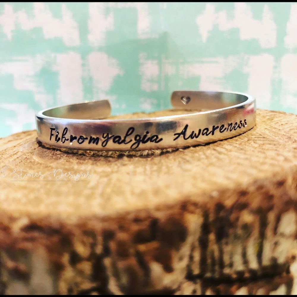 🆕 Fibromyalgia Awareness Medical Stainless Handstamped Cuff Bracelet